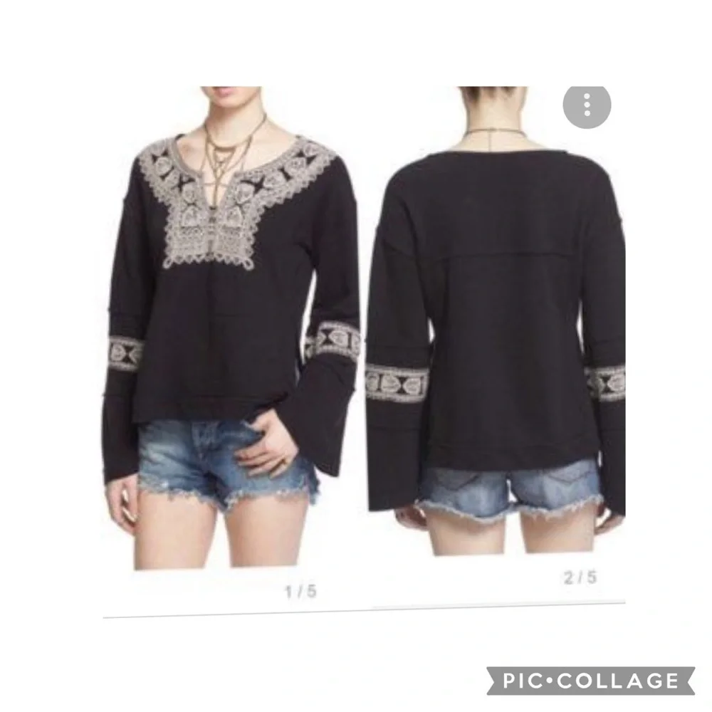 Free People Santa Maria Boho Embroidered Knit Pull-Over Top Size XS